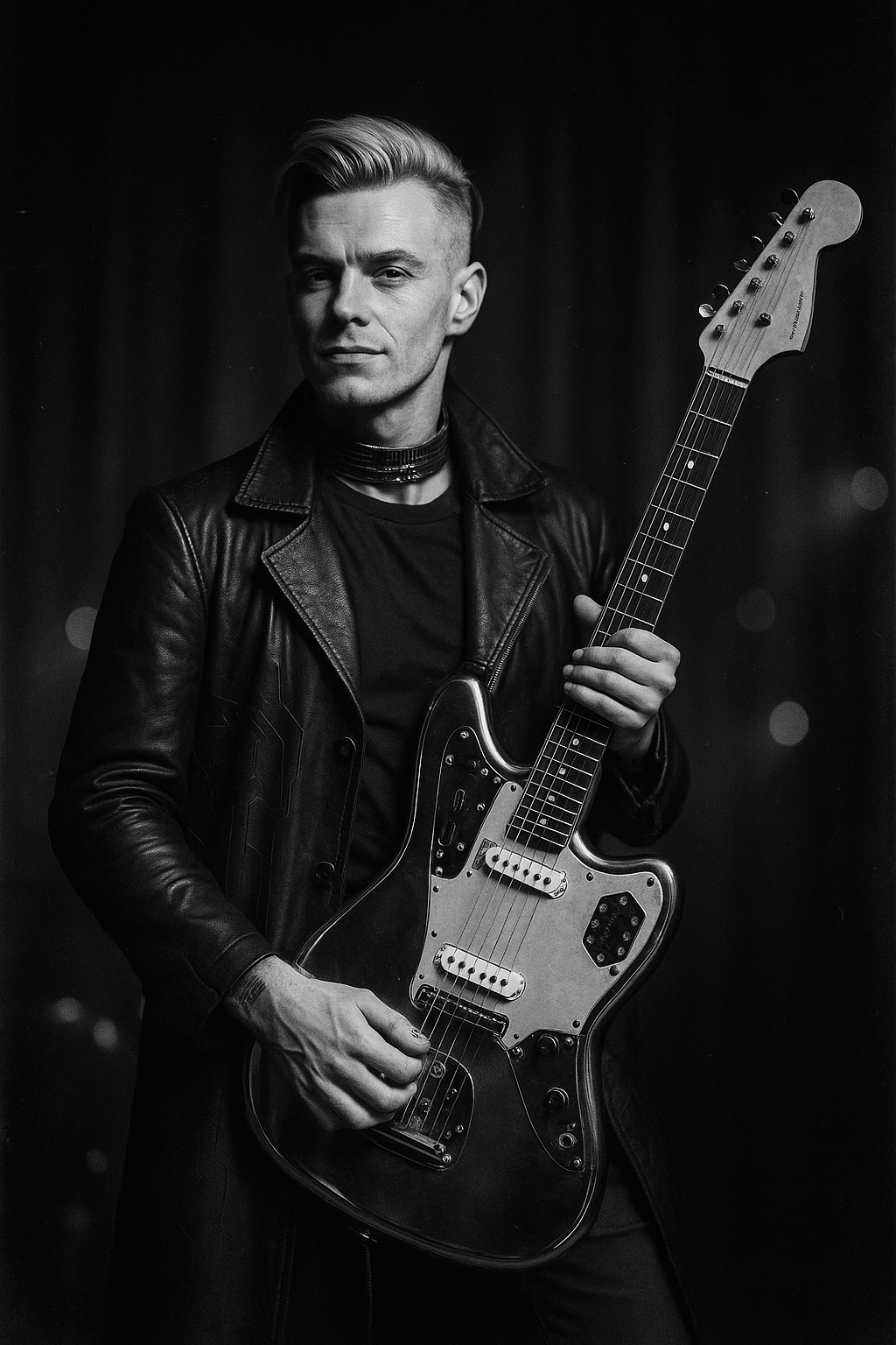 Black-and-white portrait of Jack “Tin Can” Mercer with chrome Jaguar guitar