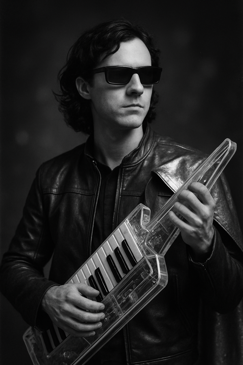 Black-and-white portrait of Thomas “Caroline” Carroll with transparent keytar